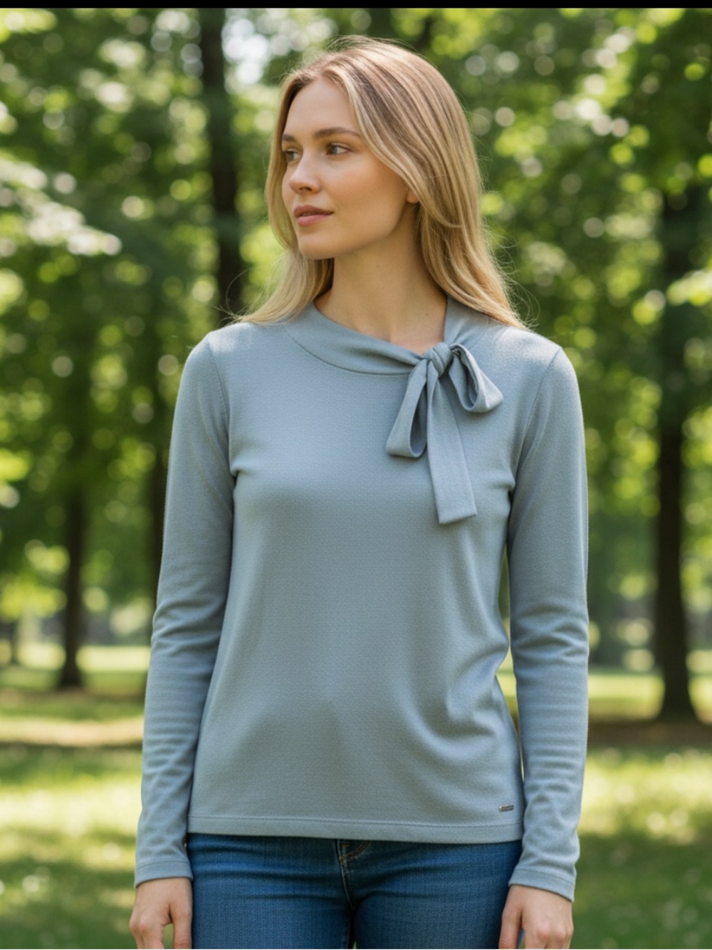 Calvin Klein Light Blue Long Sleeve Top with Neck Bow